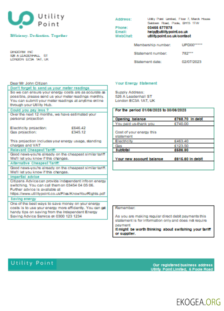 Facture commerciale de service public Utility Point, SCR